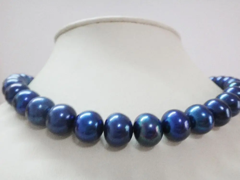 

11-12mm freshwater round black blue pearl necklace 18inch 925silver