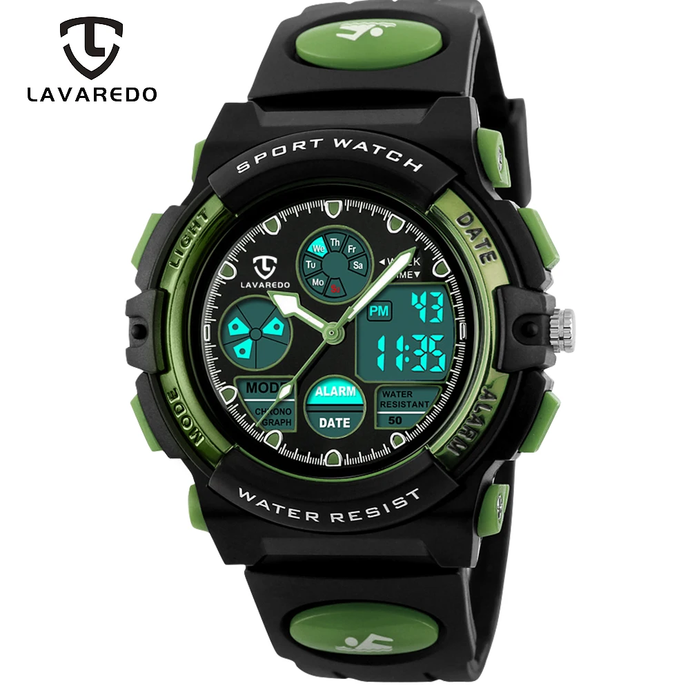 Green LAVAREDO детские часы анти-шок 50 м Водонепроницаемый Спорт на открытом воздухе для детей Детская мода светодиодный цифровые кварцевые наручные часы A5 - Цвет: Green