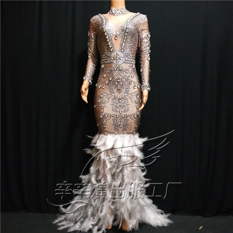 

Women Sparkly Crystals See Through Mesh Long Trains Feather Dress Birthday Celebrate Stones Dress Fringes Costume Dance Outfit
