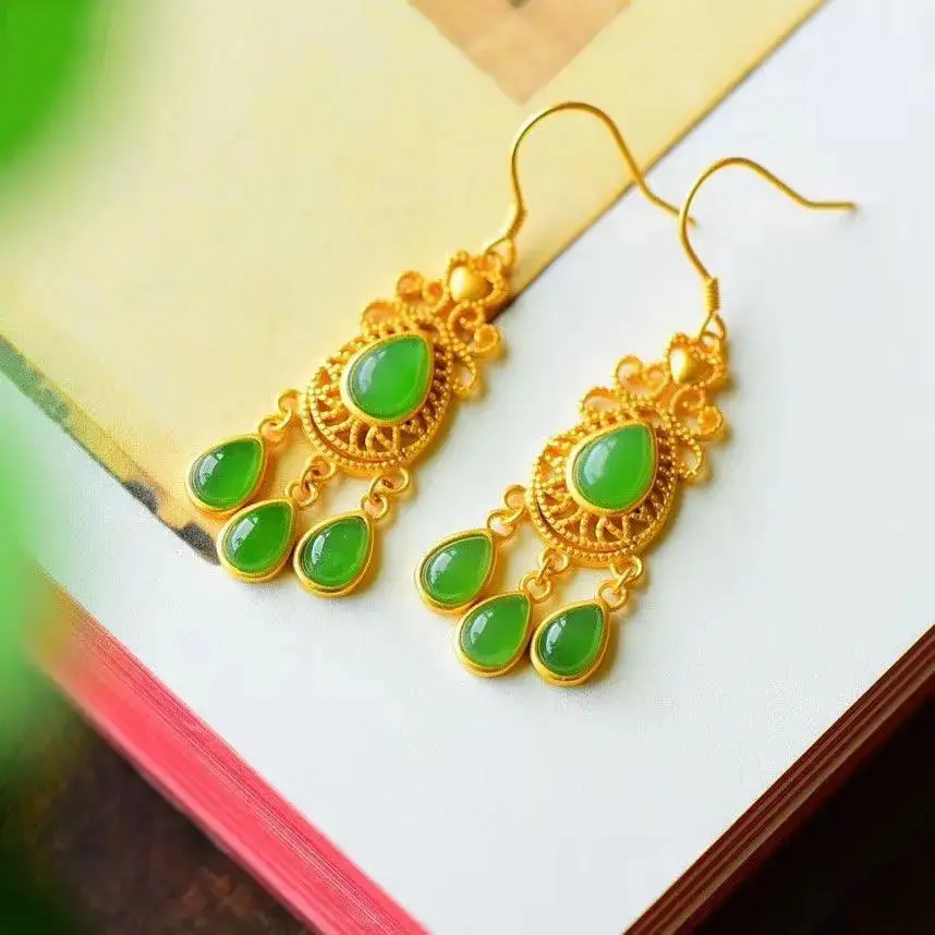 

Natural Hetian Jasper geometric Earrings China's Retro palace style hollow out little tassel luxury women's silver jewelry