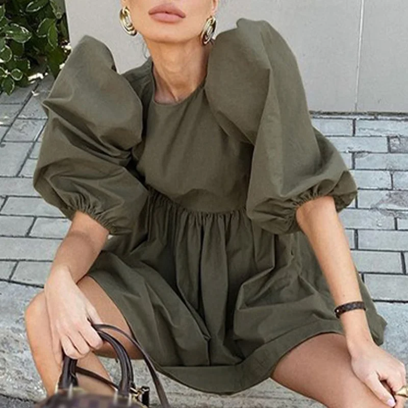 

Women's Mini Dress Cotton O-neck Puff Half Sleeve Ladies Pleated A-Line Pullover Elegant Dresses 2021 Summer Casual Solid Pink