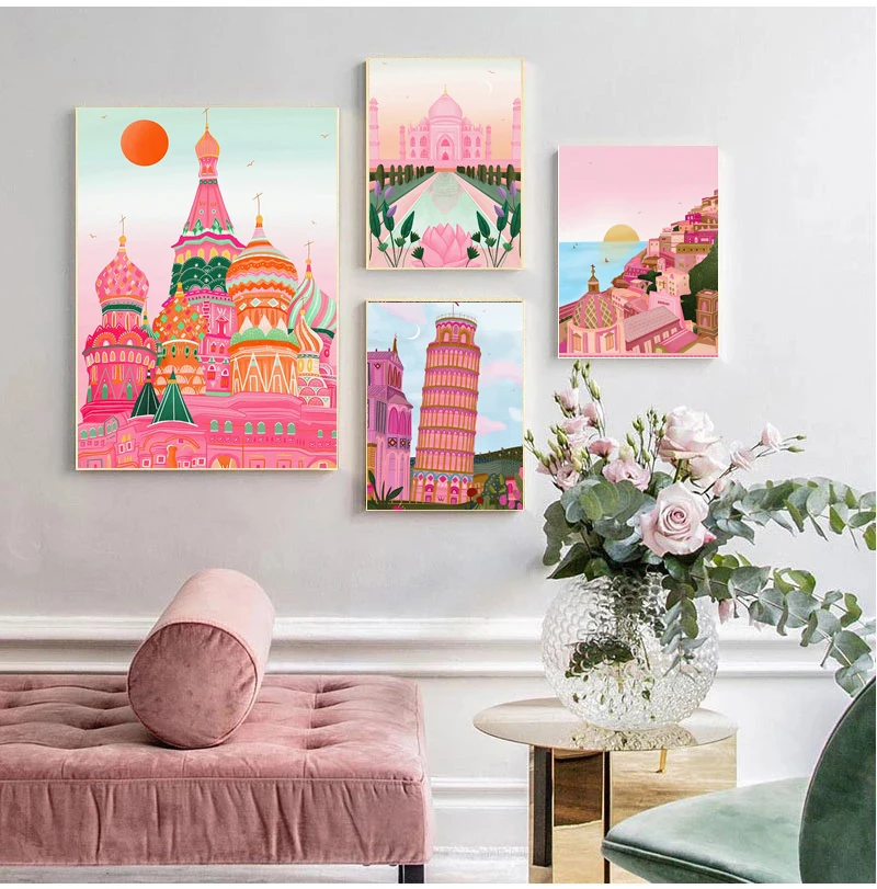 Нордическое путешествие Пинк Италия Позитано Пиза Лиссабон Барселона Постер Холст Живопись Картины для гостиной.