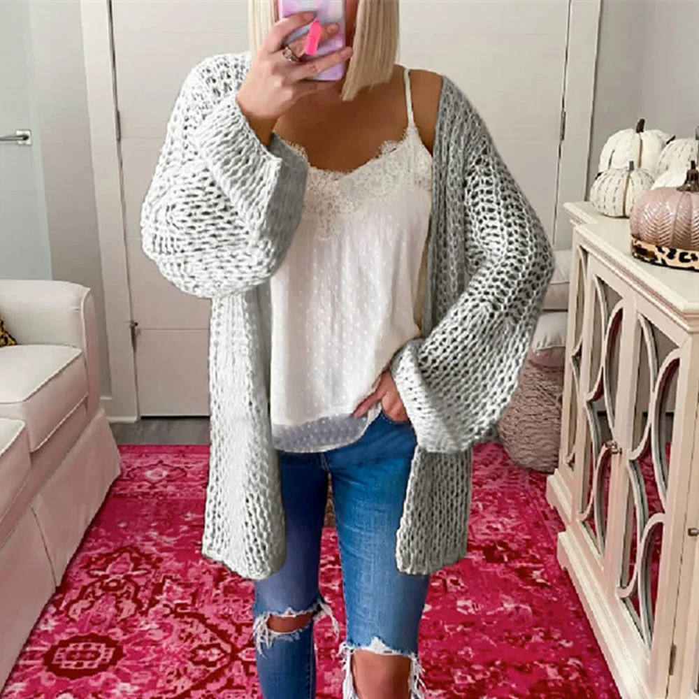 

Women Sweater Coat Spring Autumn New Fashion Long Sleeve Hollow Knitted Cardigan Casual Solid Loose Ladies Sweater Cardigan