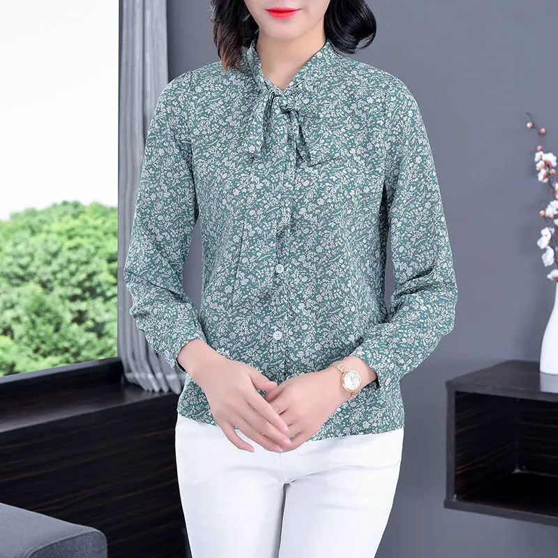 

Fashion Long Sleeve Print Chiffon Blouses Shirts Loose Casual Bow-Knot Scarf Collar Tops Blusas MM0350