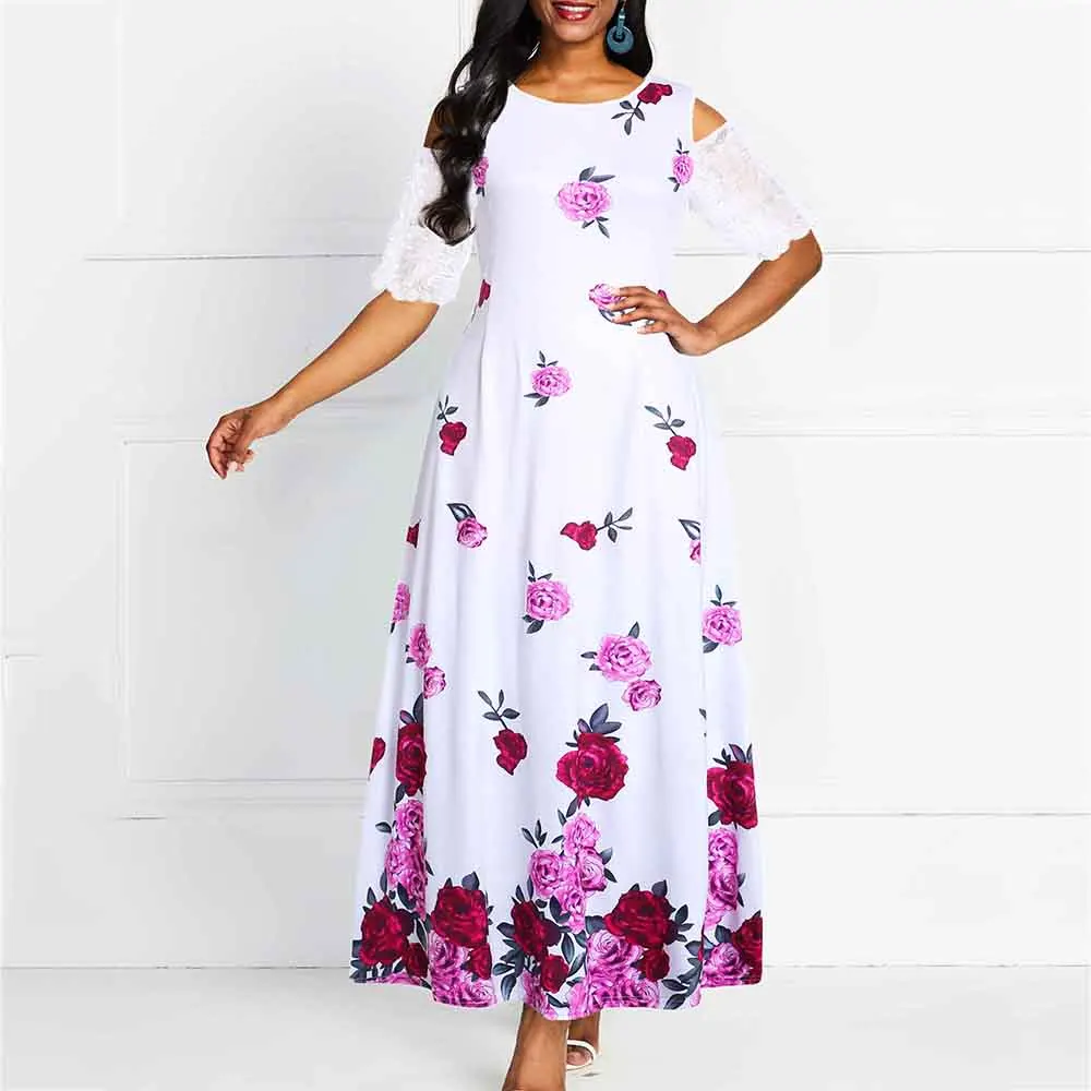 Женское длинное платье с цветочным принтом кружевное лоскутное для выпускного