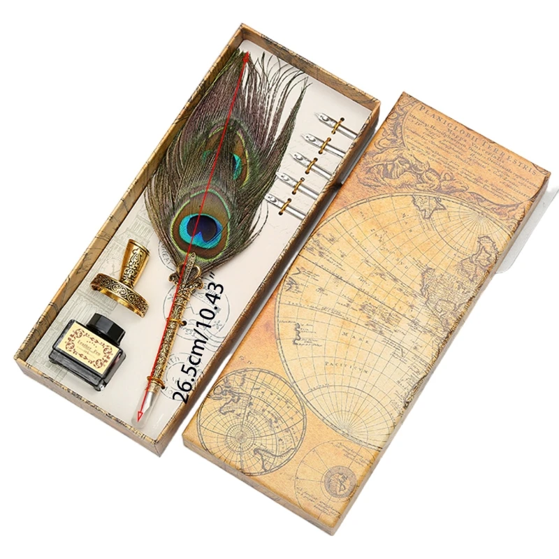 

Feather Pen Set Caligraphy Dip Pen with Ink Gift Box Set Peacock Christmas Gifts
