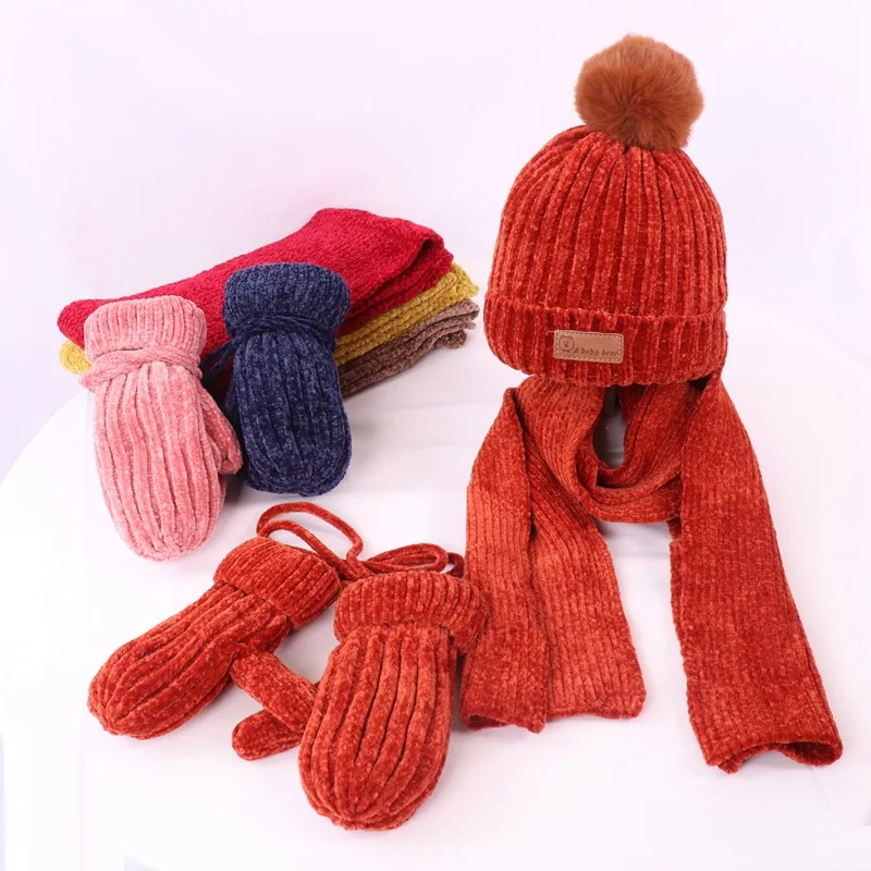 

Winter Cotton Hat Scarf Gloves Set For Girl Boy Children's Cartoon Knit Cap Children Warm Thick Scarf For Boys Beanies 3pcs/Set