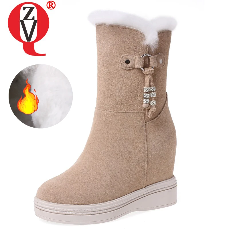 

ZVQ Winter New Concise Cow Suede Snow Boots Outside Plush Warm Super High Heels Platform Round Toe Women Shoes Drop Shipping