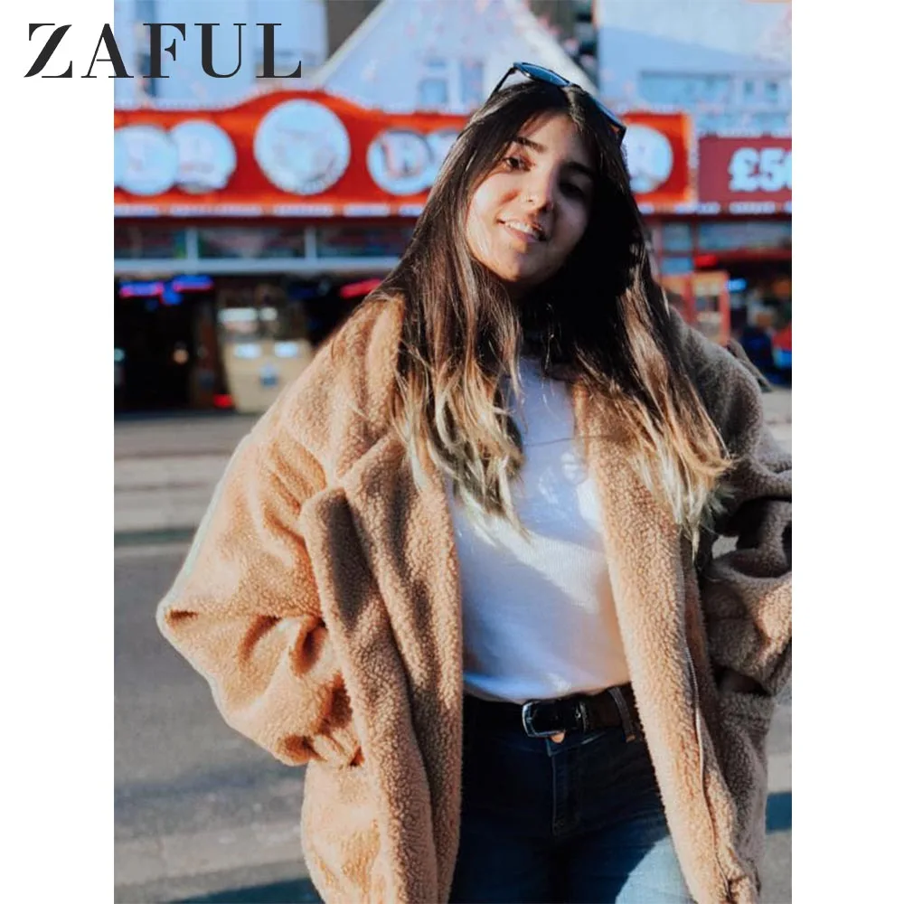 ZAFUL, пушистое шерстяное пальто на молнии для женщин, открытая стежка, берберский флис, шерпа, зимняя одежда на молнии, карманы, медвежонок, верхняя одежда для женщин