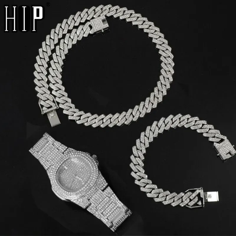 

Hip Hop 13.5MM 3PCS KIT Heavy Watch+Prong Cuban Necklace+Bracelet Bling Crystal AAA+ Iced Out Rhinestones Chains For Men Jewelry