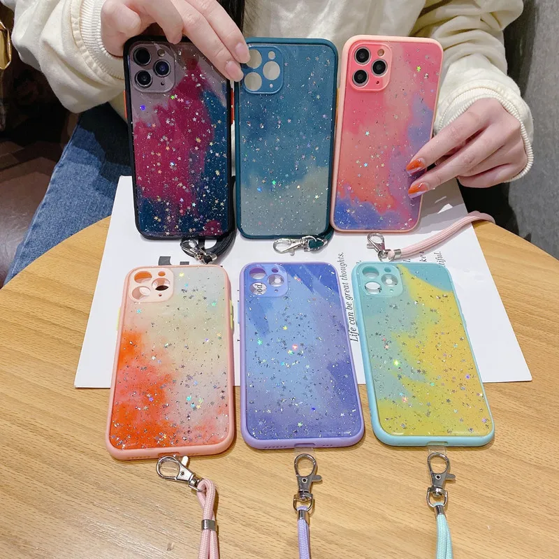 

Sparkle Star Gradient Watercolor Cover Lens Protect Bumper With Lanyards Case For iPhone 12 Mini 11 Pro Max XS MAX XR X 7 8 Plus
