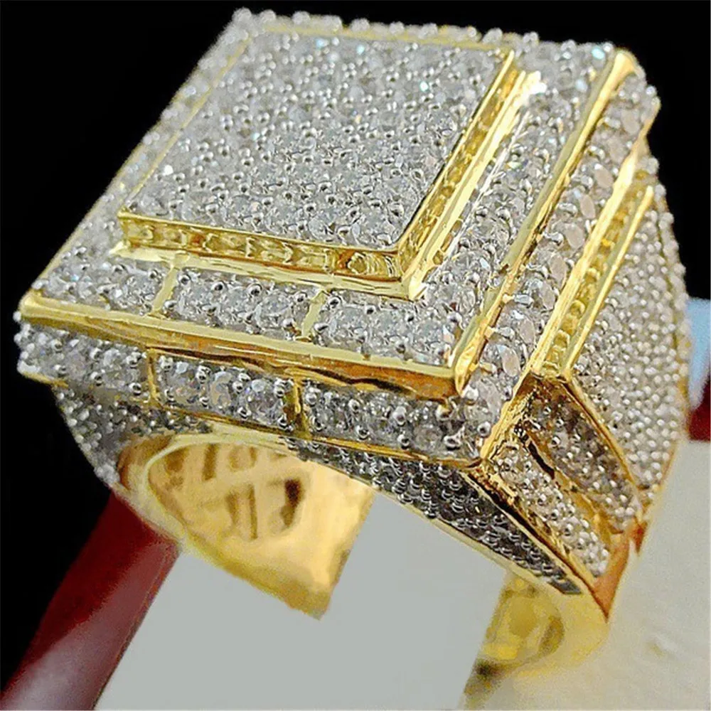 Micro Pave CZ Stone Huge 24K Gold Rings For Men Women White Zircon Engagement Jewelry male Hip Hop BIG Wedding Rings Anel bijoux
