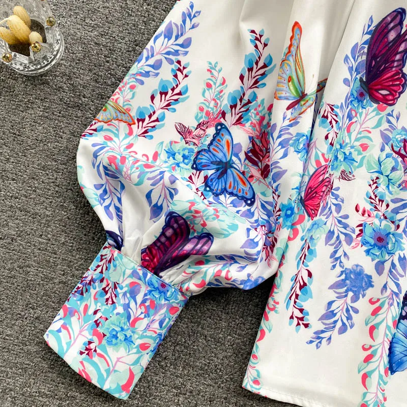 

Runway Autumn Spring Vintage Long Lantern Sleeve Print Floral White Tops Elegant Office Lady Luxury Blouse Women 2021 N63269