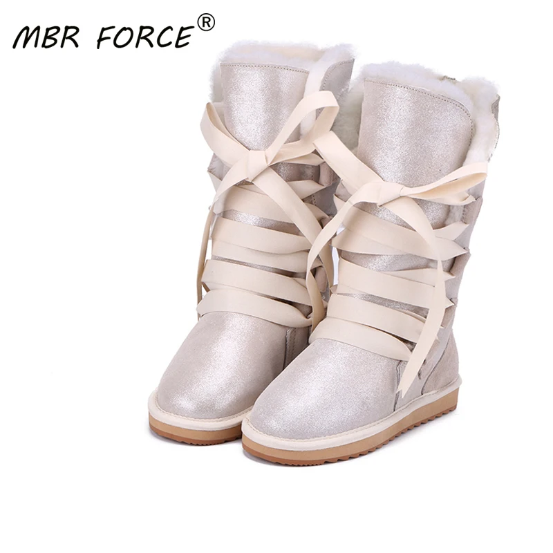 

MBR FORCE Genuine leather Waterproof Lace Up Snow Boots for Women Cowhide leather Natural Sheep Wool Linning Winter women shoeS