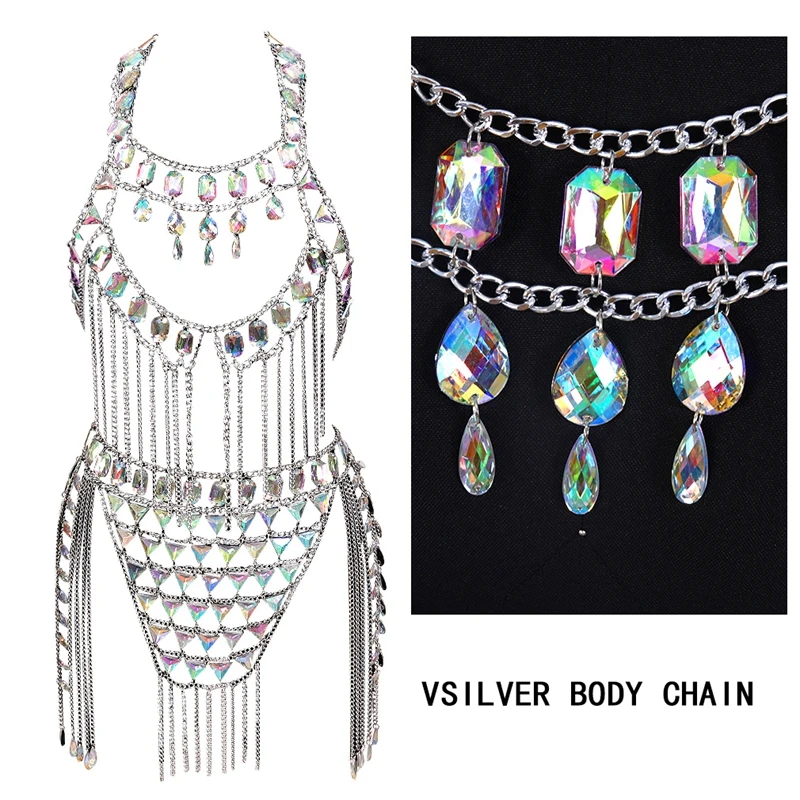 

Boho Sexy Luxurious Crystal 2 Pcs Set Lingerie Women Hollow Out Bra Goth Body Harness Tassel Dance Skirt Dress Beach Party Rave