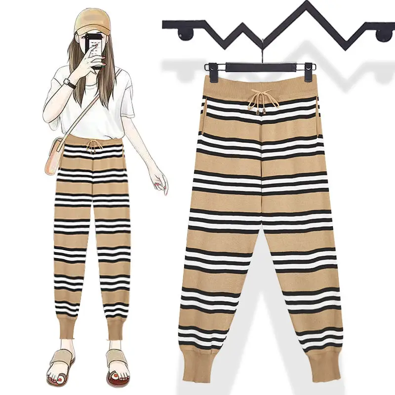 

Женские брюки 2021, Осенние трикотажные брюки контрастных цветов на шнуровке в полоску, женские свободные повседневные брюки, брюки девять то...
