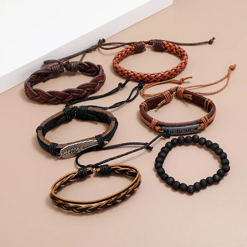 

6Pcs/Set Men's Retro Metal Leather Bracelets Sets Vintage Handmade Believe Feather Charm Bracelet Women's Male Christmas Jewelry