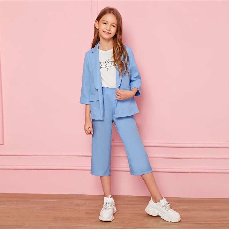 SHEIN/Детский комплект из блейзера и штанов для девочек пастельного синего цвета с воротником-тупым вырезом, Детские комплекты г. Осенняя повседневная одежда с длинными рукавами 3/4