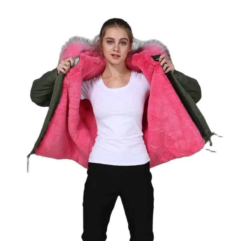 Mhnkro New Arrival Peach Pink Soft Raccoon Fur Collar Ladies Winter Casual Short Length Luxury Fur Parka With Hoodies