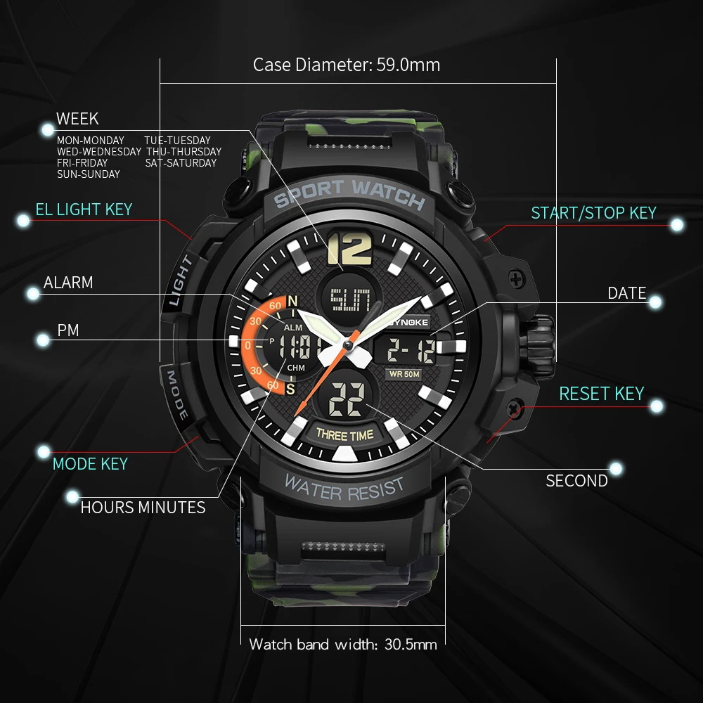 Для мужчин спортивные часы SYNOKE брендовые светодиодный цифровые аналоговые