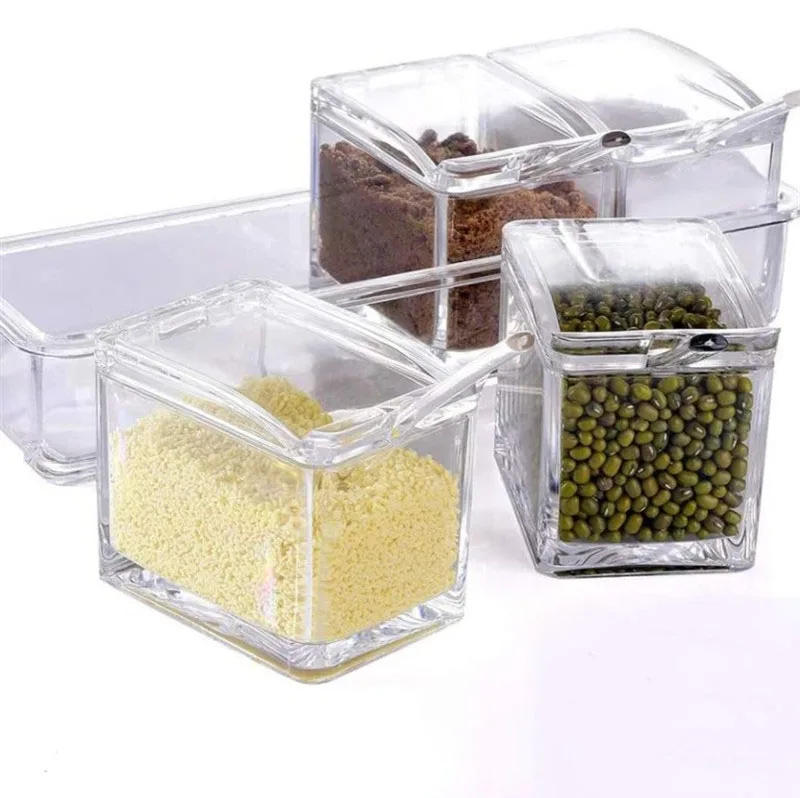 

4 In 1 Seasoning Jar Spice Rack With Spoon Holder Spice Storage Bottles Kitchen Cabinet Seasoning Bottle Kitchen Organizer Box