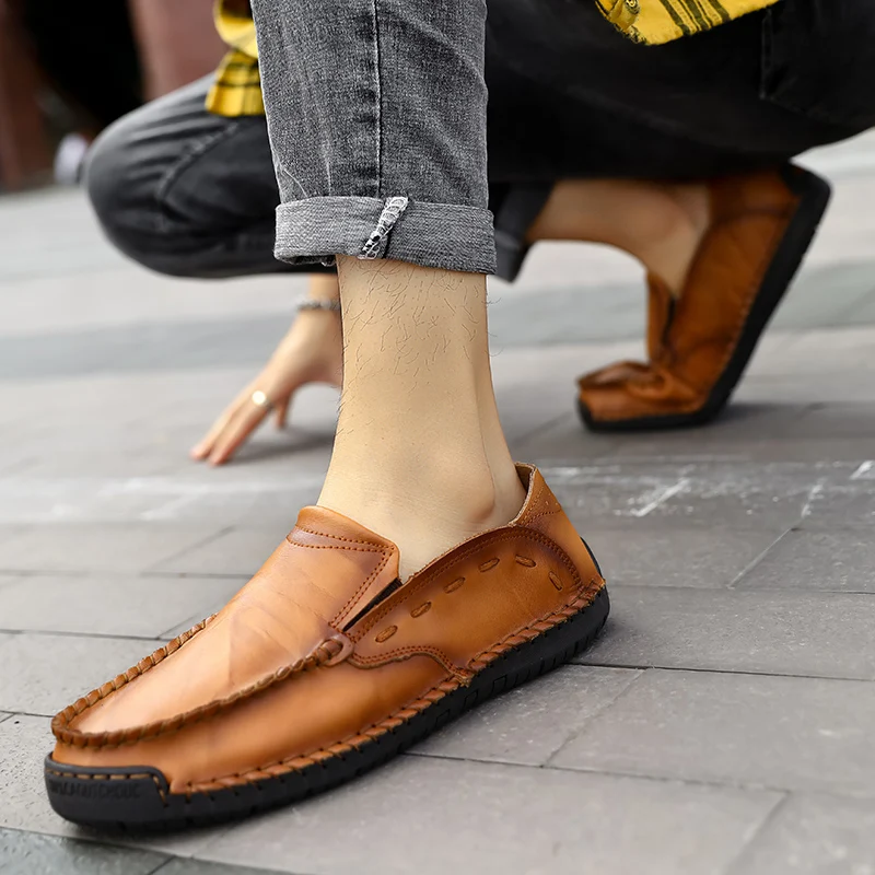 Туфли мужские кожаные ручной работы дышащие лоферы без застежки Повседневная