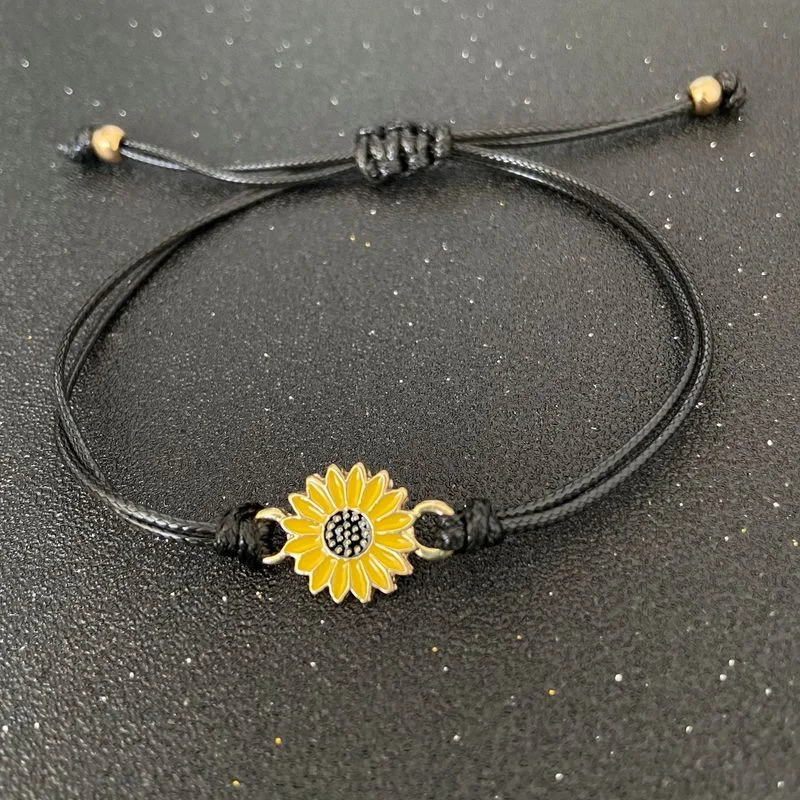 

Cotton Cord Sunflower Bracelets Handmade Braided with Black Rope Charm Friendship Wish Card Surf Bangle Jewelry Gift