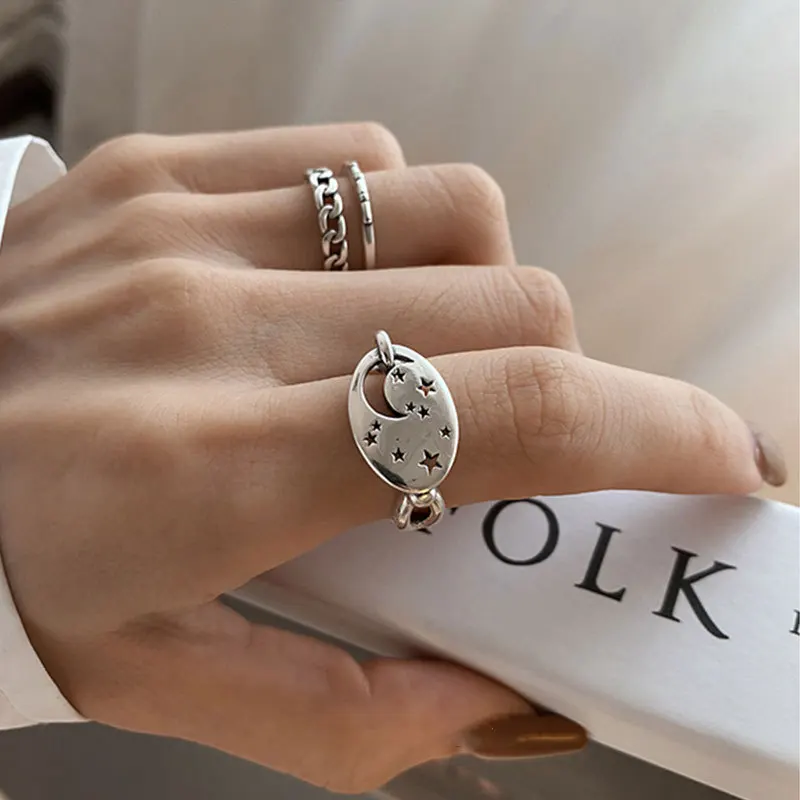 

MEYRROYU 925 Sterling Silver Korea Exquisite Star Moon Ring Female Retro Fashion Trend Couple Gift Jewelry Wholesale