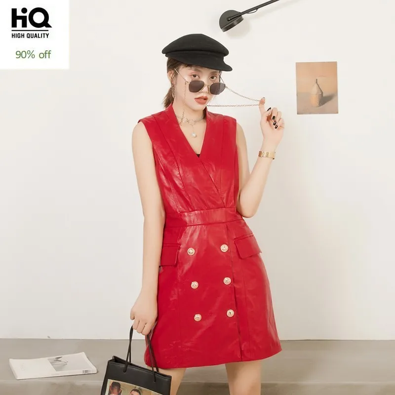 Горячее предложение сексуальное женское двубортное платье из натуральной кожи с