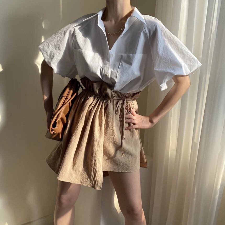 

2 Piece Sets Womens Outfits Spring Blouse Women Shirt Long Sleeve High Waist Shorts Womens Trousers Two Piece Set Office