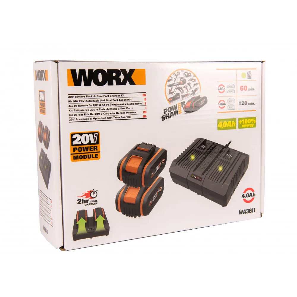 Комплект WORX WA3611: Двойное зарядное устройство WA3883 2*2A 20В 2 Аккумулятора WA3553 4А*ч