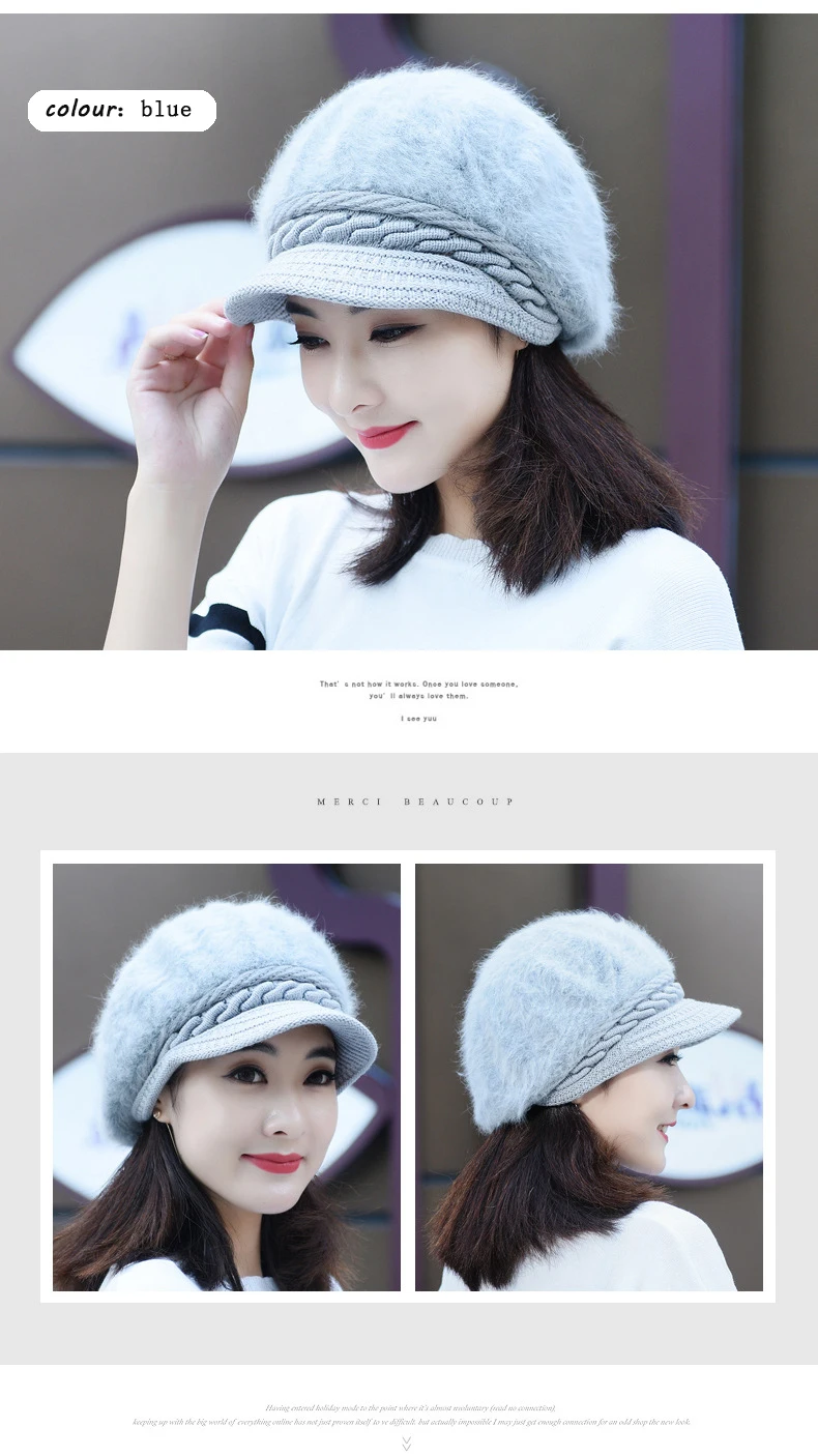 Women's hat winter rabbit hair knitted beret hat winter hats for women caps women fashion winter hat women's knitted hat