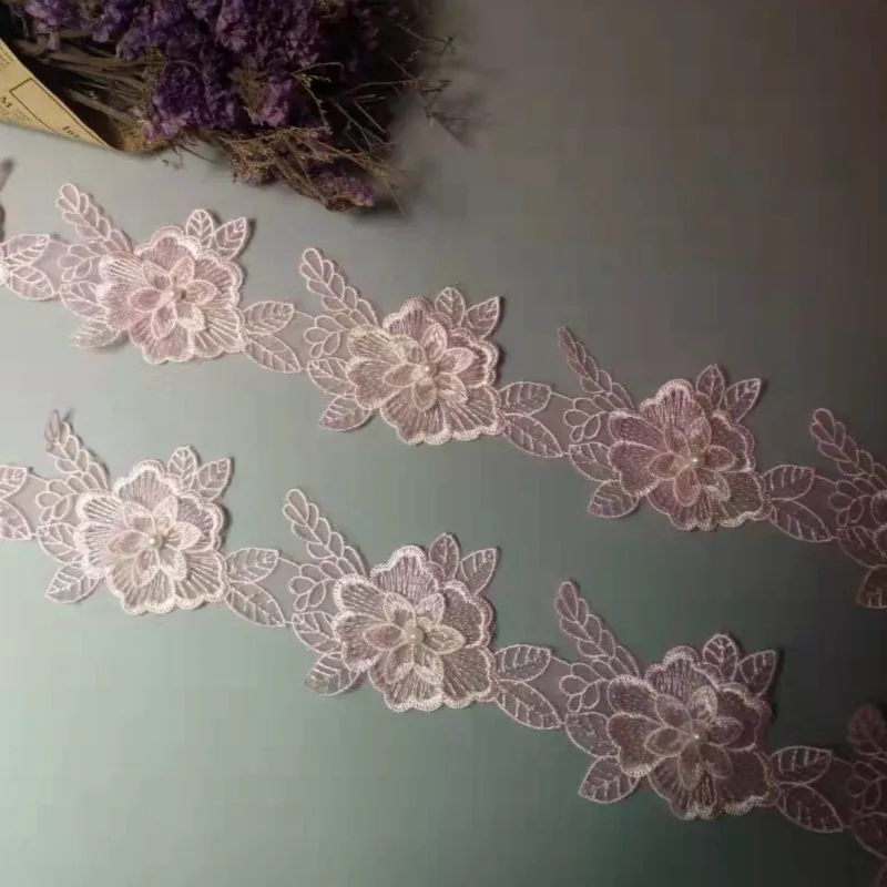 2 ярда розовый хлопок жемчужные цветы листья вышитая кружевная отделка лента