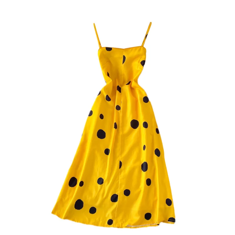 

Girl Fashion Yellow Dot Slip Dress Summer Women Holiday Beach Spaghetti Strap Dress Ladies Sleeveless Backless Dress