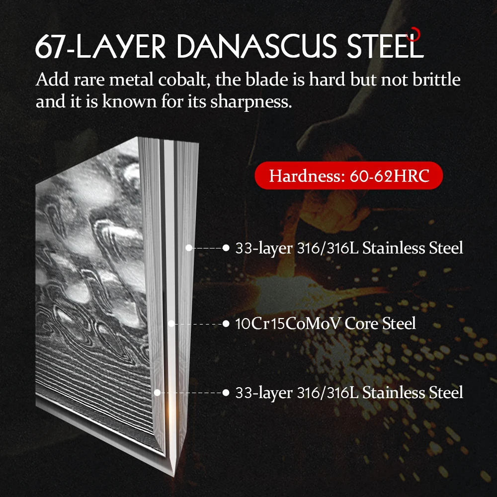 HEZHEN Classic Series 5 дюймов нож для стейка 67 слоев Дамасская сталь черное дерево Ручка