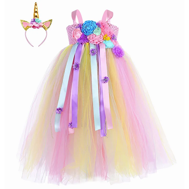 

2021 Nylon Mesh Tutu Flower Dress For Costume Performance Show Kids Children Carnival Party Clothing