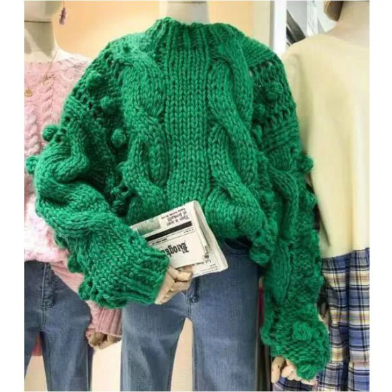 

Retro Hand-woven 3D Flowers Balls Knit Pullovers Twist Hook Sweater O-Neck Long Sleeved Knitted Crocheted Shirt Crop Tops Sueter