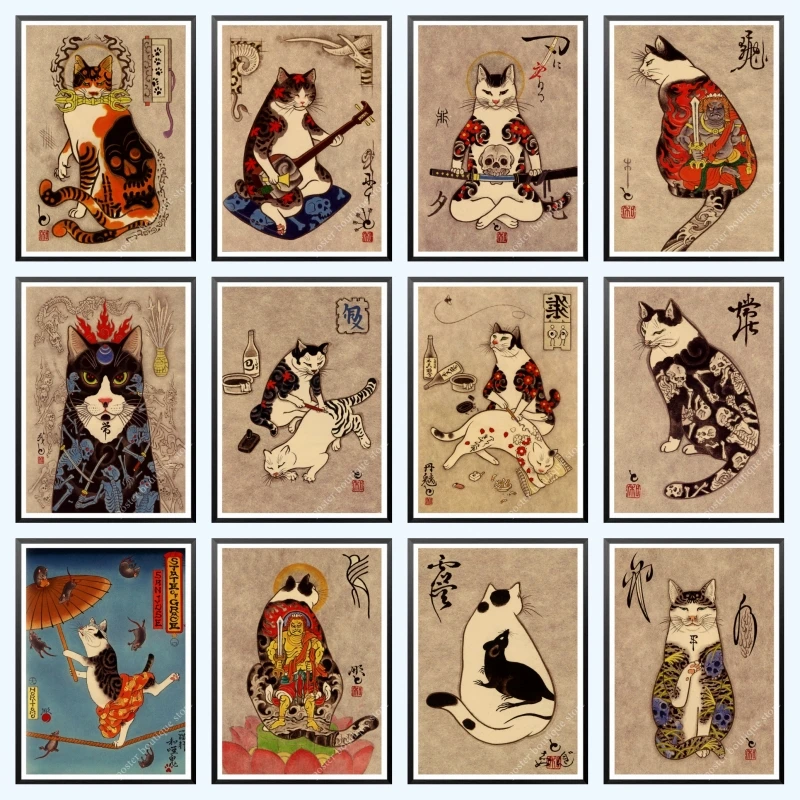 Японская кошка самурая искусство печать на стене картина для гостиной спальни