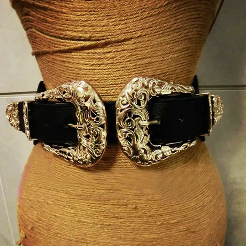 

New Fashion Female Vintage Strap Metal Buckle Leather Belts For Women elastic Designer sexy gold hollow out wide waist belts