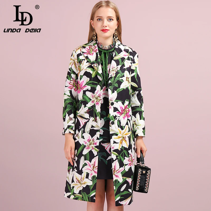 LD LINDA DELLA Autumn Winter Outwear Women's Coats Long Sleeve Floral Printed Button Beading Elegant Vintage Ladies Overcoat