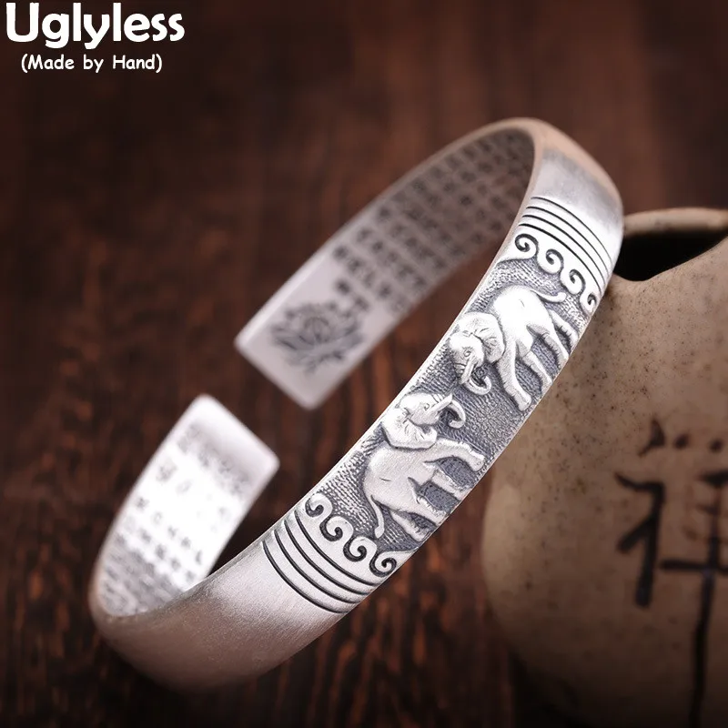 

Uglyless Elephant Never Forget LOVE Animals Bangles for Women Real 999 Fine Silver Elephants Bangles Prajna Paramita Sutra Jewel