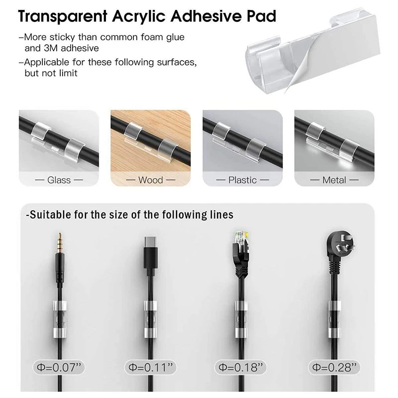 

Line Fixed, Wire Organizer, Self-Adhesive Desktop Clamp, Trimmer, Clamp, Wire Management, 40 Packs, Transparent Clip