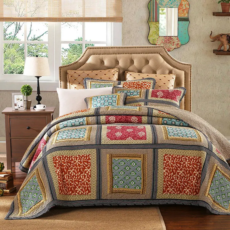 

Vintage Plaid Patchwork Bedspread Quilted Handmade Cotton Summer Quilt Set Bed Cover Coverlet 3-piece American Style