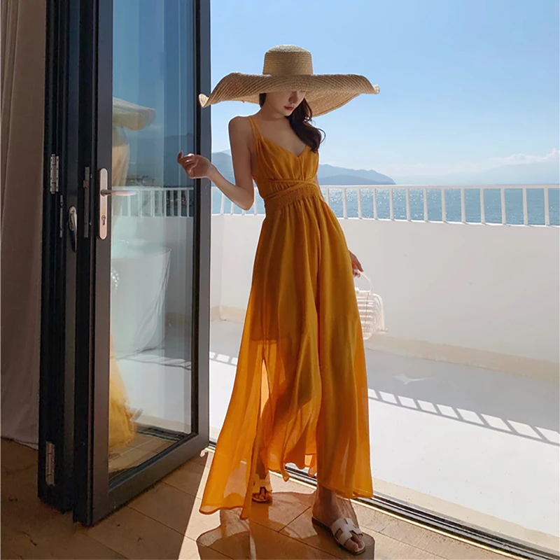 

Summer Women Boho Beach Long Dress Sexy Backless Bandage Split Spaghetti Strap Dress Elegant V-Neck Yellow Vacation Sundress