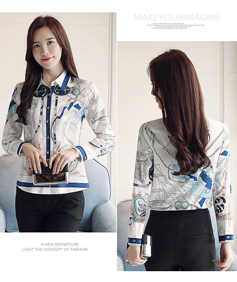 

Houthion Chiffon Women's Blouses Printed Shirt Casual Long Sleeve Top Fashion Blouse Office Lady Button Breasted Summer