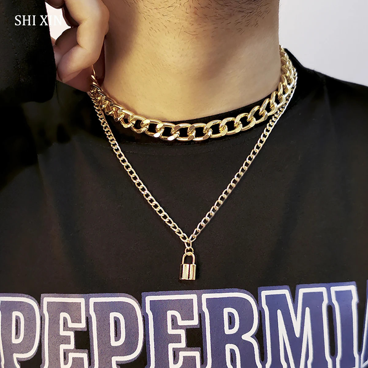 

SHIXIN 2 Pcs/Set Thick Link Chain Choker Colar With Lock Pendant Necklace Men/Women Hip Hop Chunky PadLock Necklace on Neck 2021