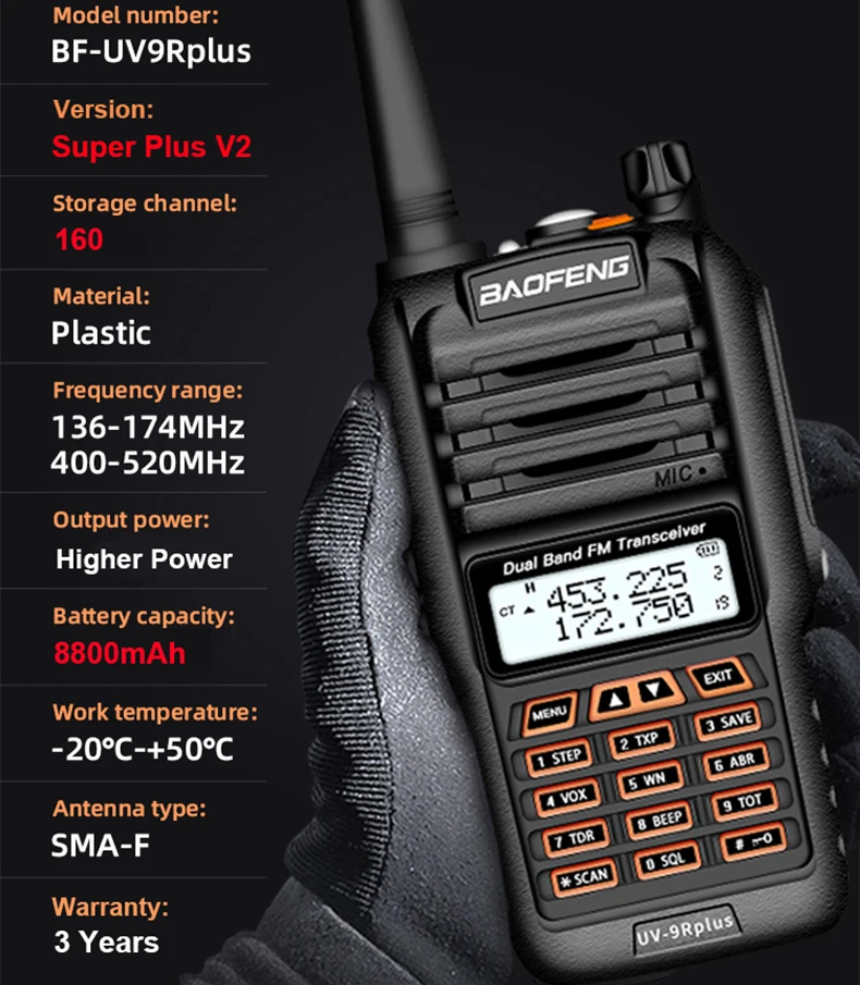 Walkie Talkie BaoFeng UV-9R Plus High Wattag IP68 Waterproof interphone High Power Ham 30-50KM Long Range Portable Two Way Radio