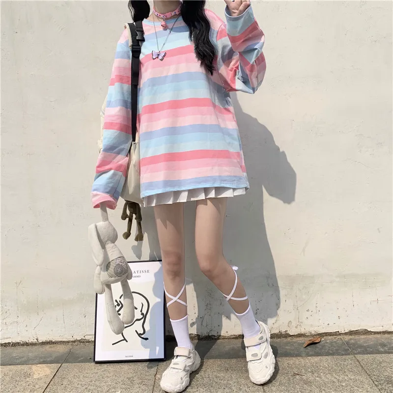

Rainbow Striped T-Shirts Women Korean Ins Loose Casual Ladies Tops Fashion Brand O-neck Long Sleeve Tees Autumn New Sweet Style