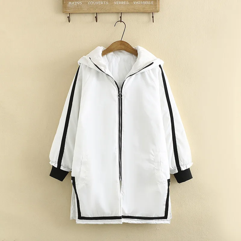

Plus Size Coat For Women In Winter Wear Long Sleeve Hooded Black And White Strip Stitching Large Size Thicken Mid-Length Coat