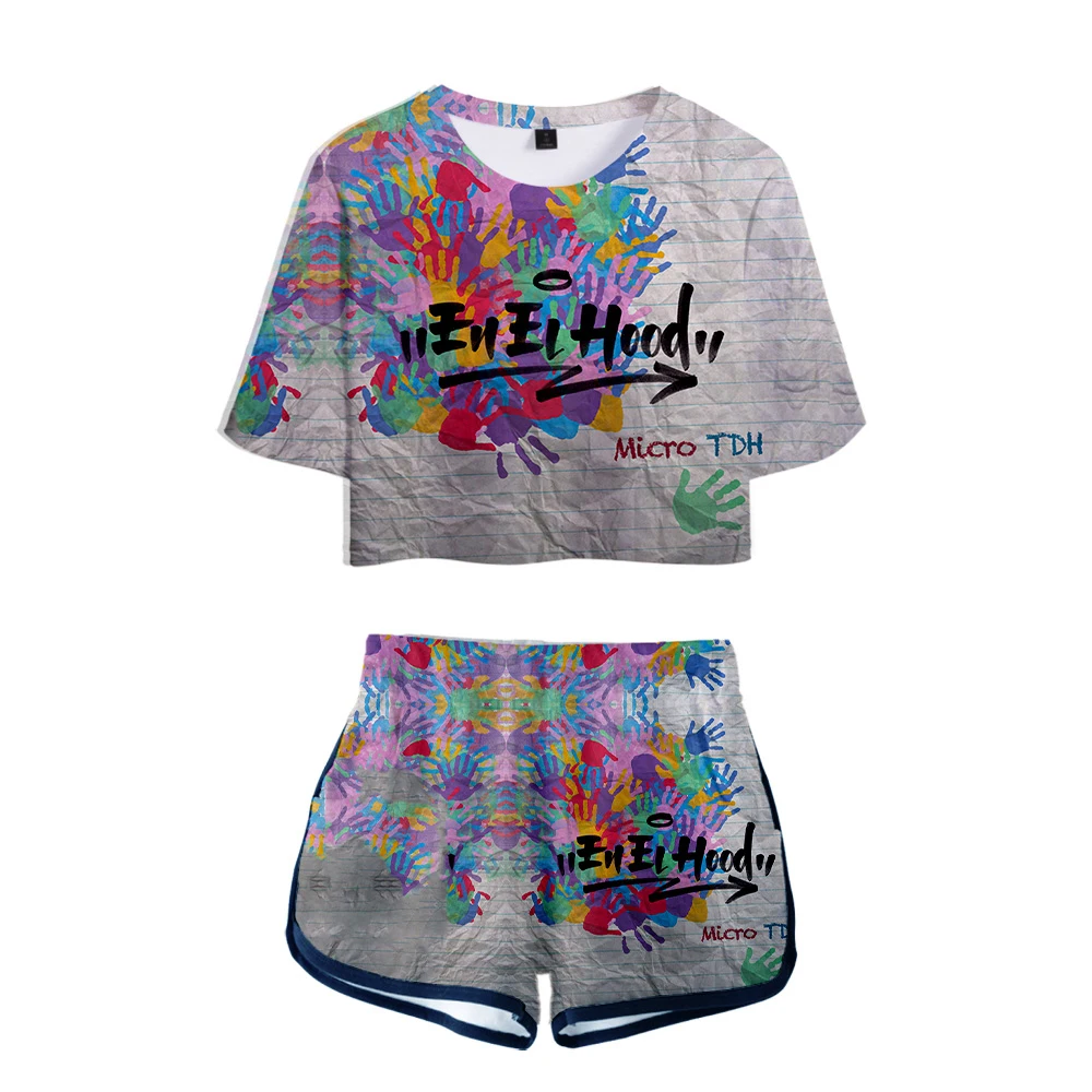 

Micro TDH Clothes Girl Two Piece Set Summer Short Sleeve Crop Top+Shorts Harajuku Streetwear Pop Singer Myke Towers Women's Set
